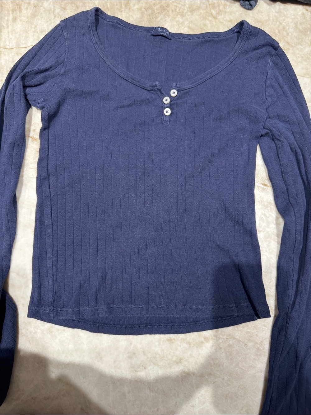 Brandy Melville Navy Ribbed Henley Long Sleeve Top